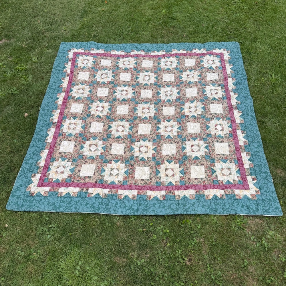 Handmade Patchwork Quilt Queen 84x83 Teal Burgundy Floral Star Country Farmhouse